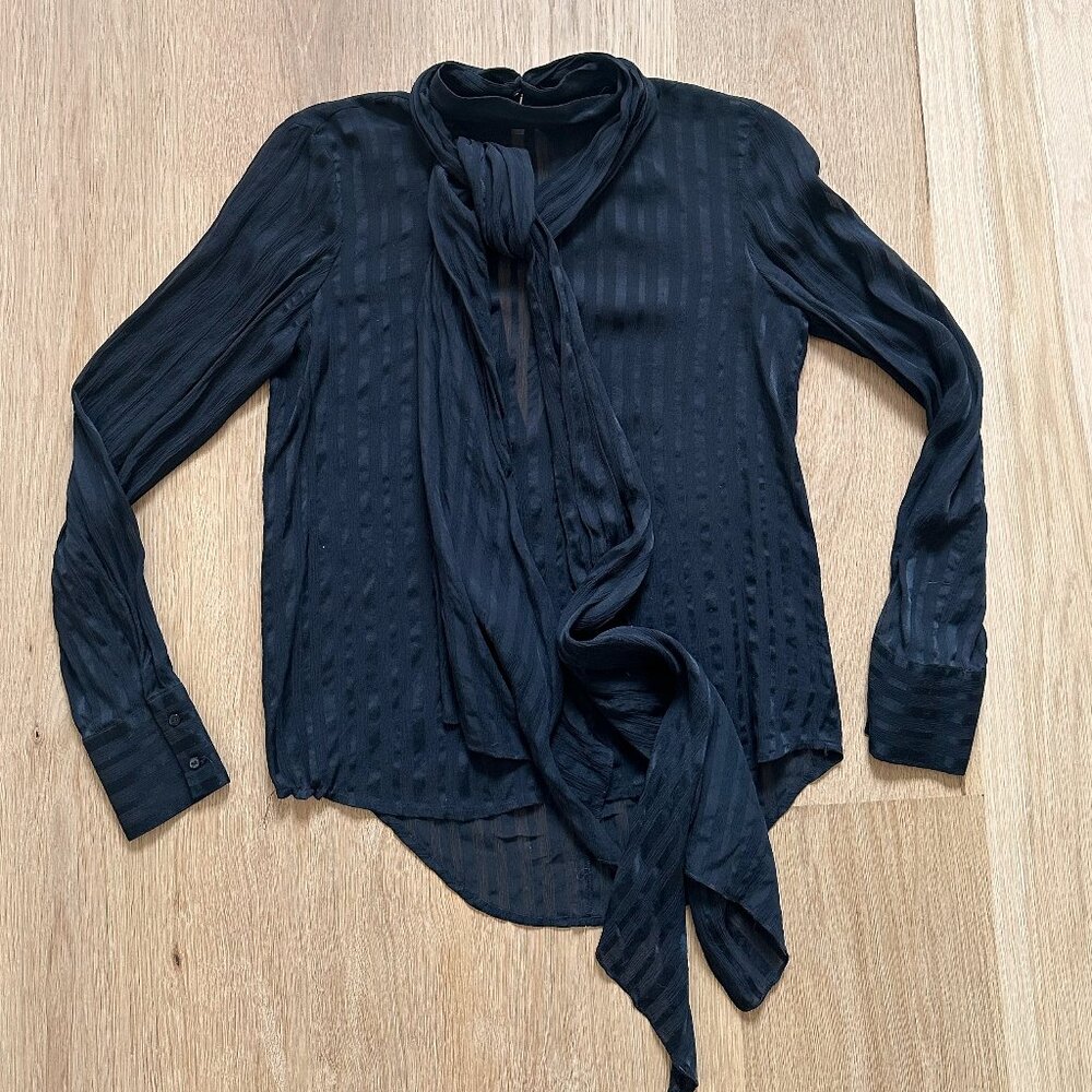 Zara Semi-Sheer Striped Neck Tie Blouse, Size XS